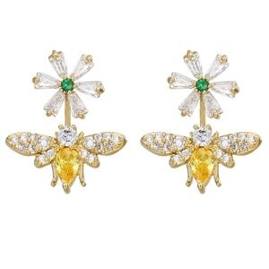 Gold plated CZ Bee Flower Drop Earrings